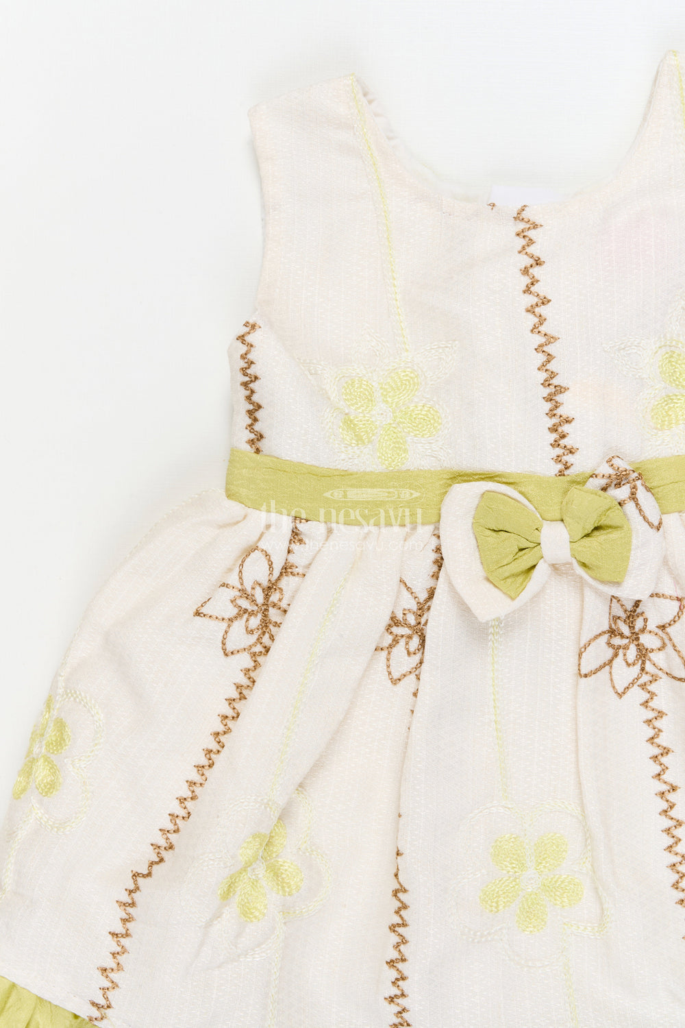 The Nesavu Baby Cotton Frocks Baby Girl Frock for Festive Mornings and Casual Events Nesavu 14 (6M) / Green / Cotton BFJ924B-14 Nesavu sleeveless baby girl frock with embroidered florals and ruffle trim – perfect for festive mornings
