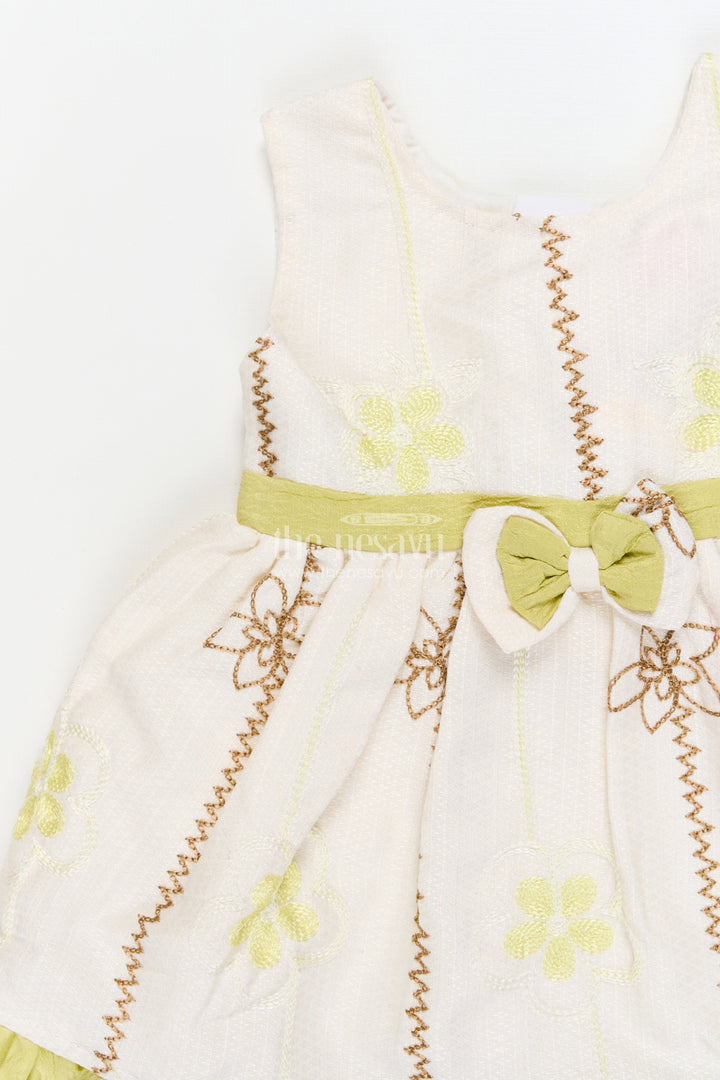 The Nesavu Baby Cotton Frocks Baby Girl Frock for Festive Mornings and Casual Events Nesavu 14 (6M) / Green / Cotton BFJ924B-14 Nesavu sleeveless baby girl frock with embroidered florals and ruffle trim – perfect for festive mornings