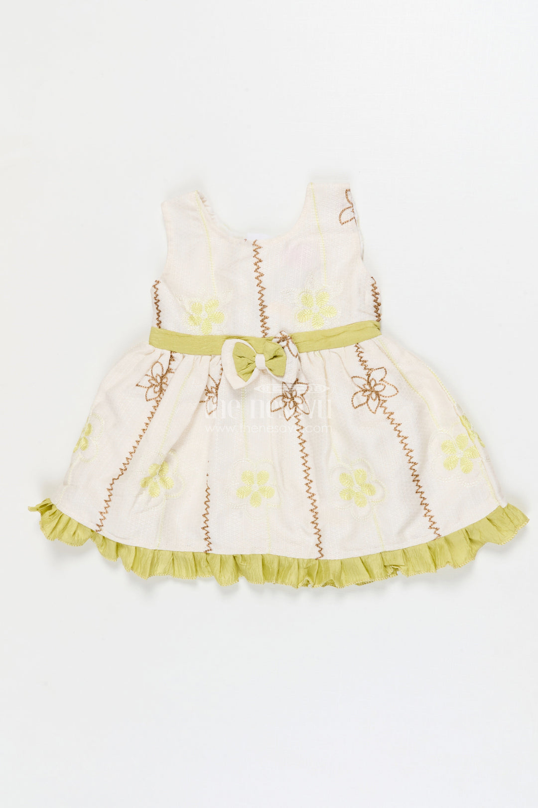 The Nesavu Baby Cotton Frocks Baby Girl Frock for Festive Mornings and Casual Events Nesavu 14 (6M) / Green / Cotton BFJ924B-14 Nesavu sleeveless baby girl frock with embroidered florals and ruffle trim – perfect for festive mornings