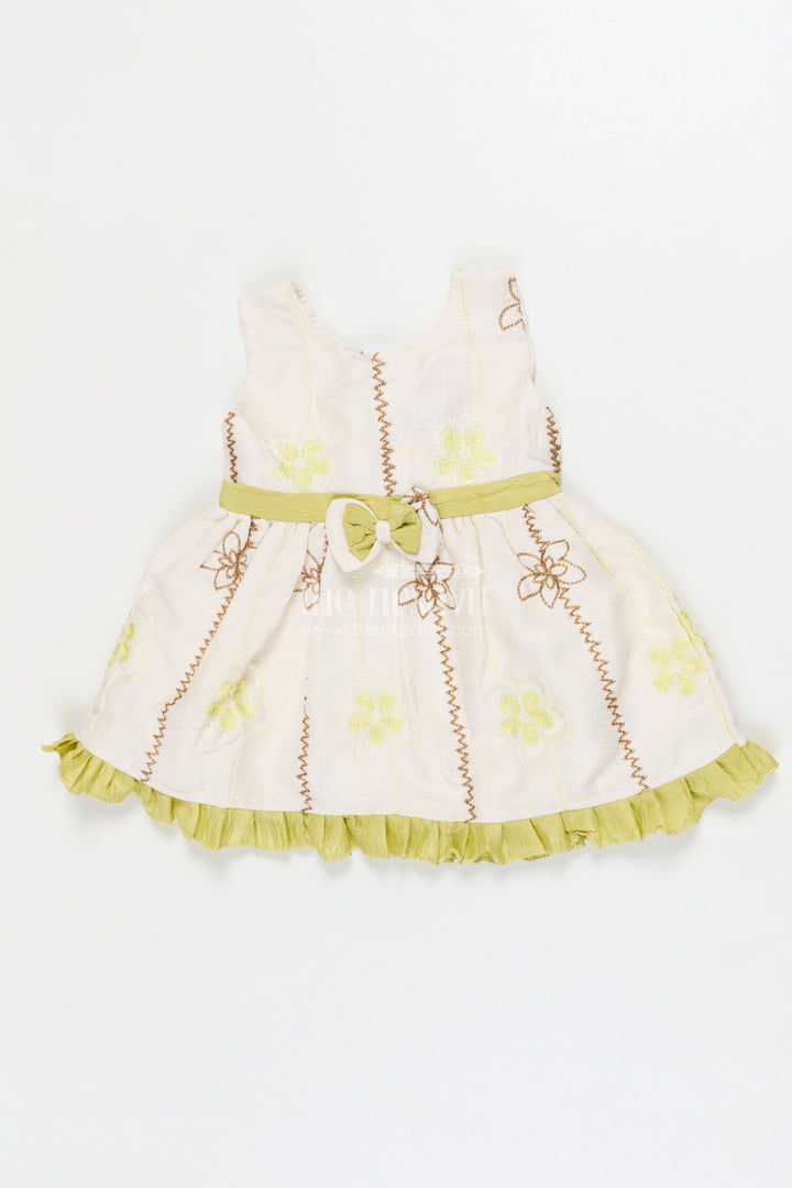The Nesavu Baby Cotton Frocks Baby Girl Frock for Festive Mornings and Casual Events Nesavu 14 (6M) / Green / Cotton BFJ924B-14 Nesavu sleeveless baby girl frock with embroidered florals and ruffle trim – perfect for festive mornings