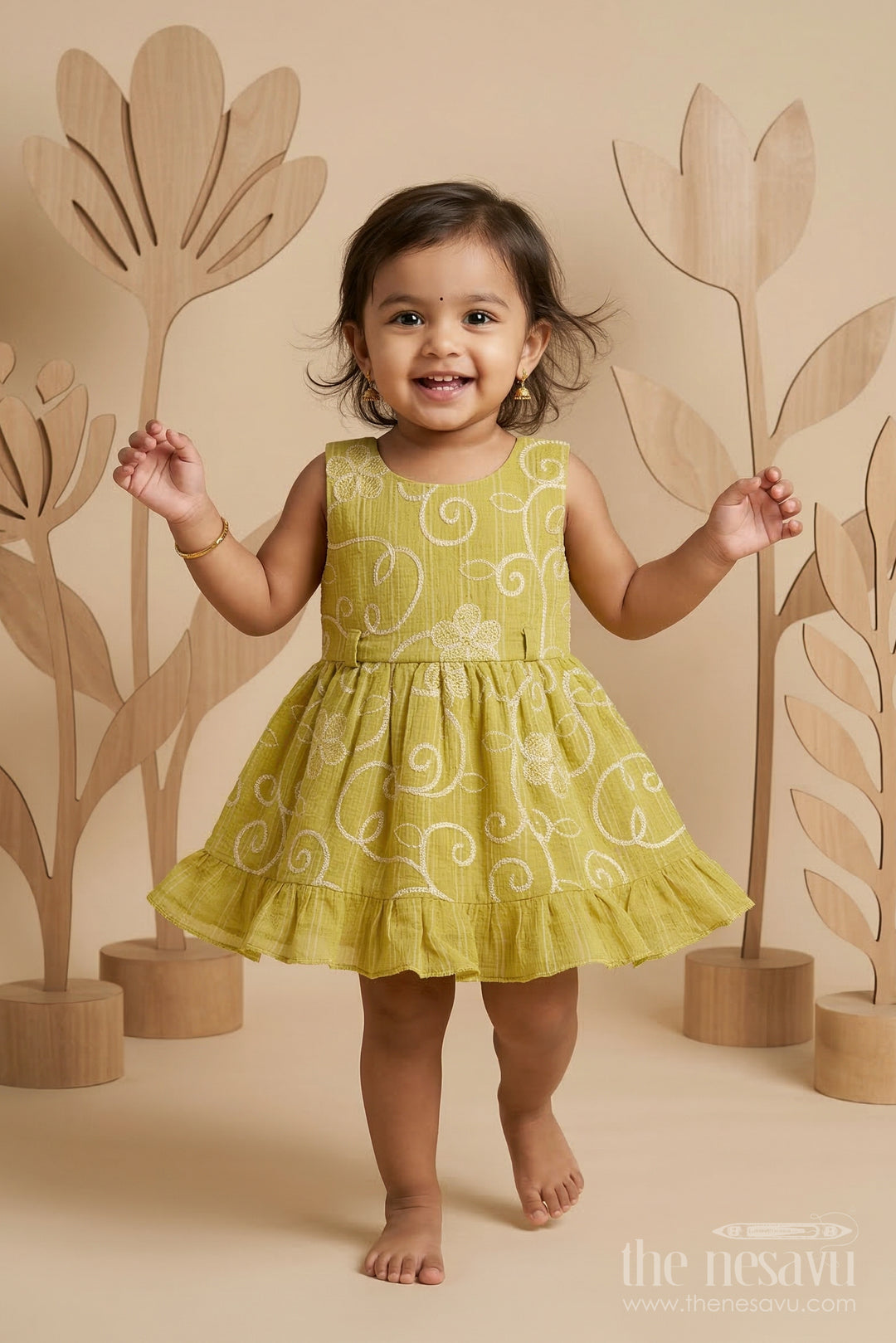 The Nesavu Baby Frocks Baby Girl Frock for Festive Outings and Family Gatherings Nesavu 14 (6M) / Green / Cotton BFJ974B-14 Nesavu baby girl cotton frock for festive outings and celebrations with thread embroidery