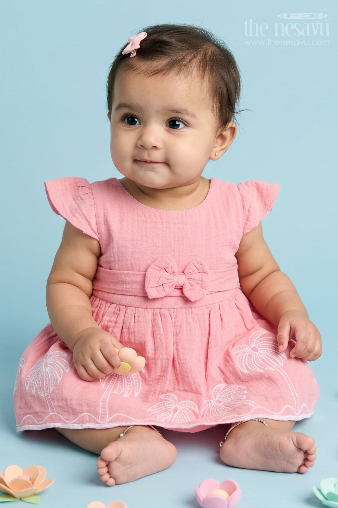 The Nesavu Baby Cotton Frocks Baby Girl Frock for First Birthdays and Special Outings Nesavu 14 (6M) / Peach / Muslin Cotton BFJ995B-14 Nesavu Baby Girl Muslin Cotton Frock For First Birthday And Outings With Thread Embroidery Soft Outfit