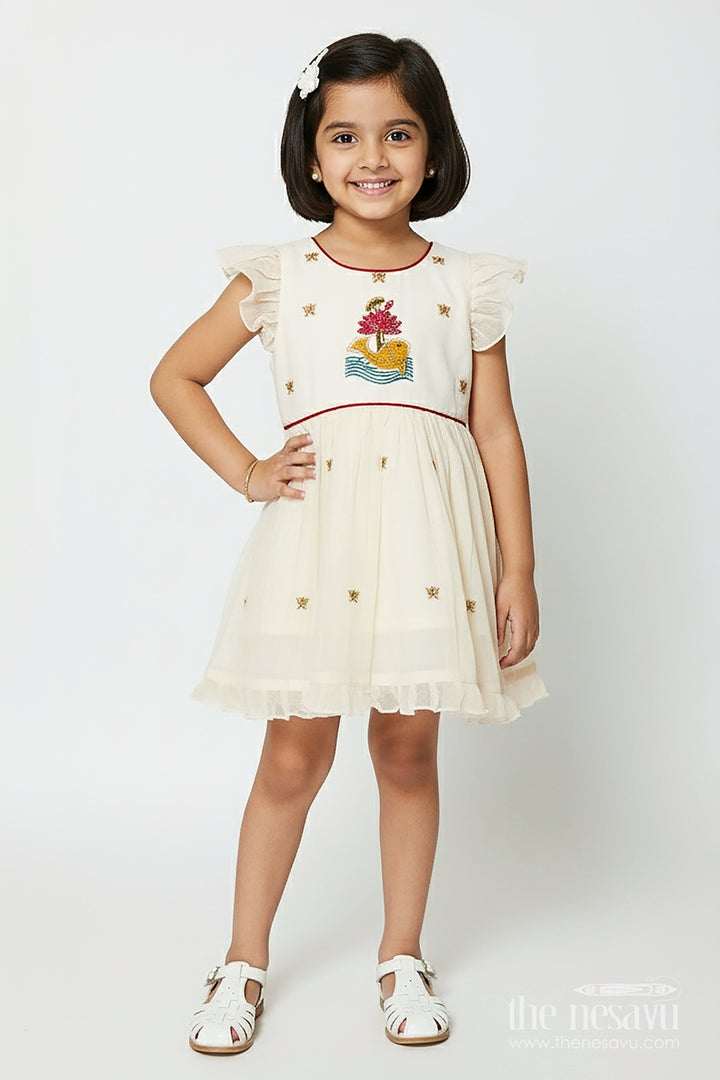 The Nesavu Girls Chanderi Frock Baby Girl Frock for Naming Ceremony and Festive Functions Nesavu 16 (1Y) / Cream GFC2008A-16 Nesavu baby girl chanderi frock thread embroidery naming ceremonies festive wear