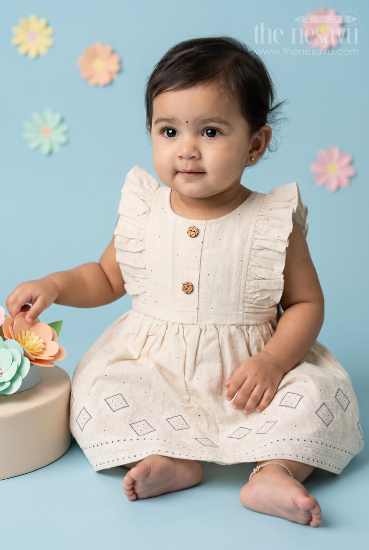 The Nesavu Baby Cotton Frocks Baby Girl Frock for Naming Ceremony and Special Occasions Nesavu 14 (6M) / Cream / Cotton BFJ1000A-14 Nesavu Baby Girl Cotton Frock For Naming Ceremony And Special Occasions With Thread Embroidery Design