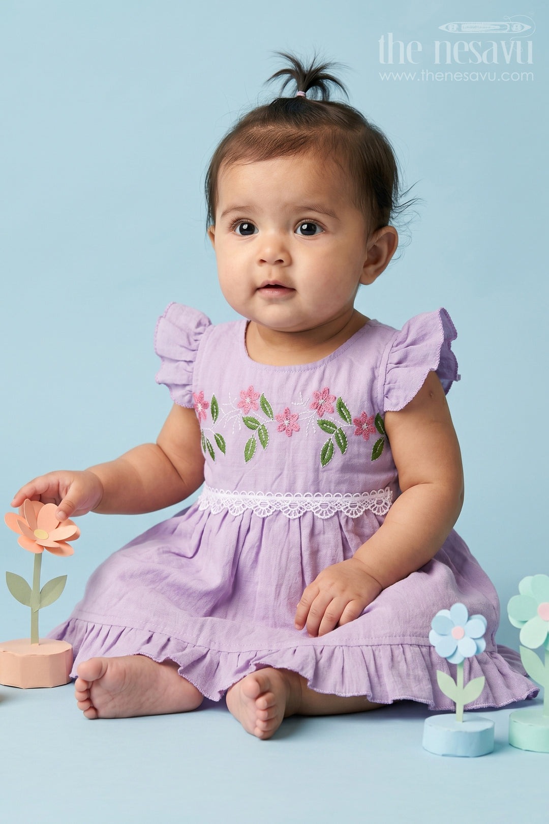 The Nesavu Baby Cotton Frocks Baby Girl Frock for Playdates and Summer Outings Nesavu 14 (6M) / Purple / Cotton BFJ1002C-14 Nesavu Baby Girl Cotton Frock For Playdates And Summer Outings With Floral Embroidery And Frill Hem