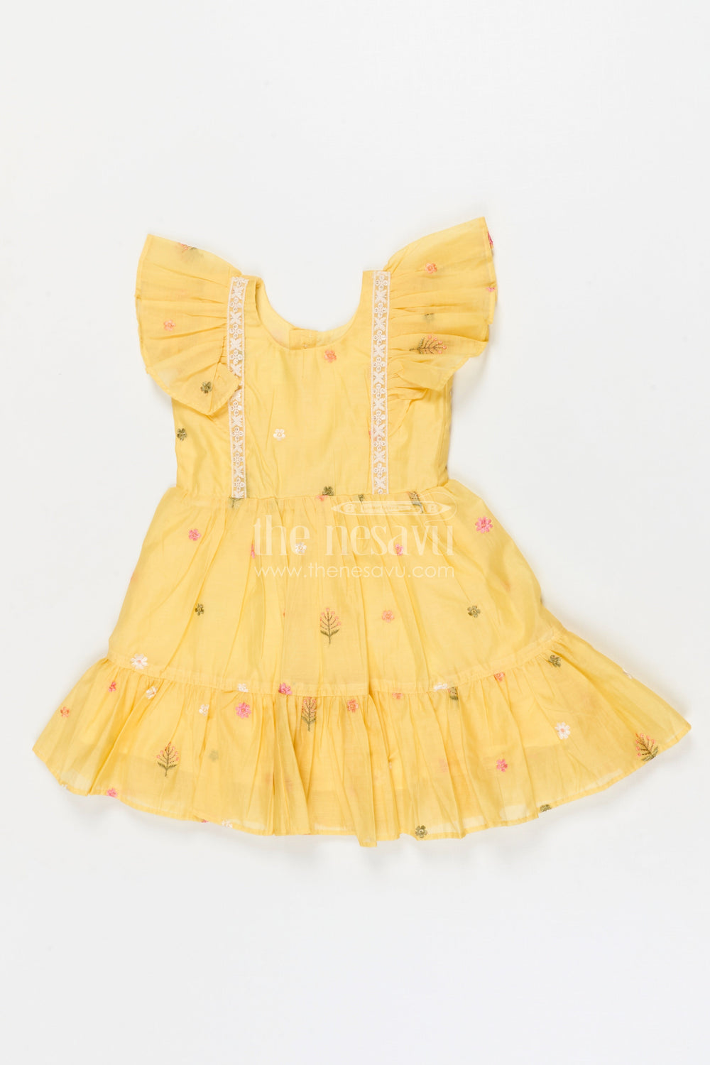 The Nesavu Girls Cotton Frock Baby Girl Frock for Pooja and Festive Mornings Nesavu 18 (2Y) / Yellow / Cotton GFC2076A-18 Nesavu baby girl embroidered cotton frock for pooja and festive occasions