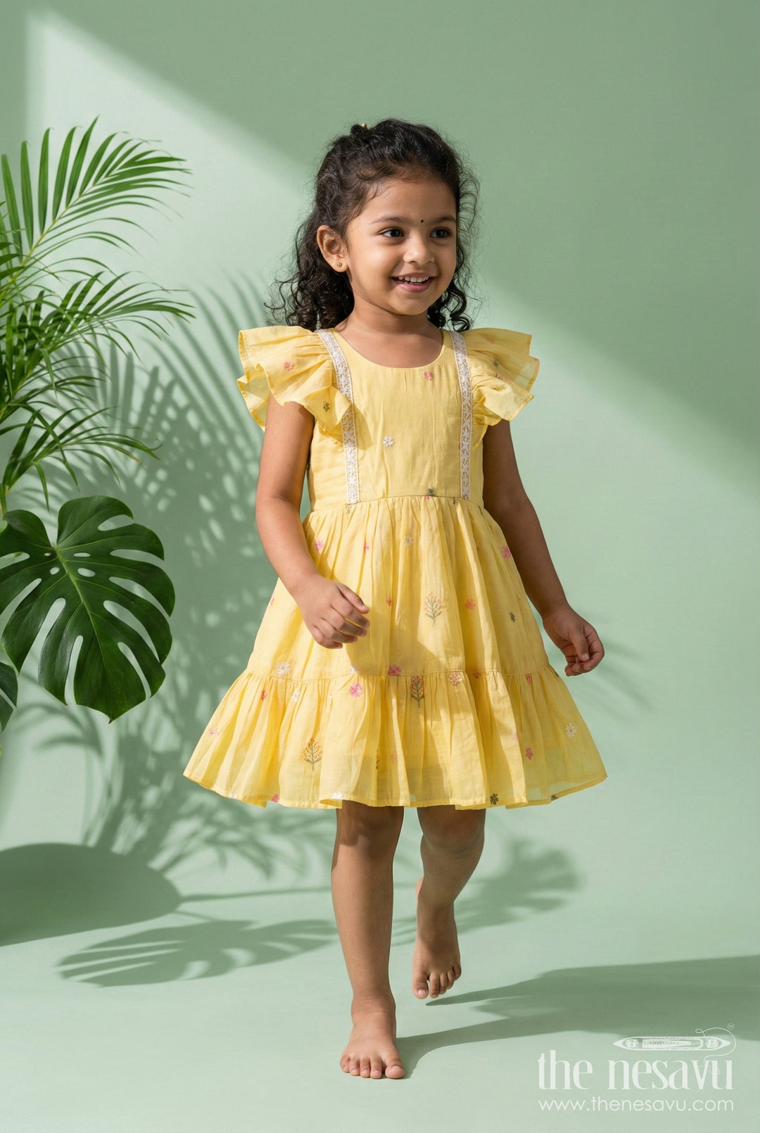 The Nesavu Girls Cotton Frock Baby Girl Frock for Pooja and Festive Mornings Nesavu 18 (2Y) / Yellow / Cotton GFC2076A-18 Nesavu baby girl embroidered cotton frock for pooja and festive occasions