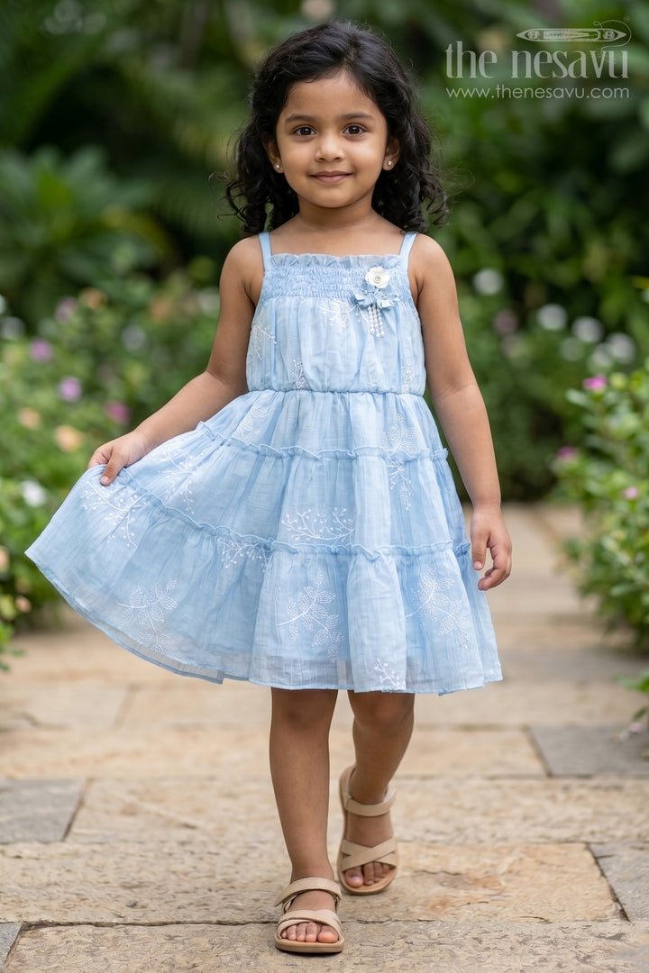 The Nesavu Girls Cotton Frock Baby Girl Frock for Summer Outings and Casual Celebrations Nesavu 20 (3Y) / Blue / Cotton GFC2232A-20 Nesavu Baby Girl Cotton Frock For Summer Outings And Casual Celebrations With Tiered Embroidery Design