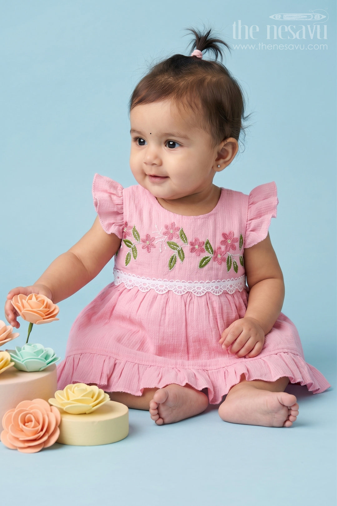 The Nesavu Baby Cotton Frocks Baby Girl Frock for Summer Outings and Casual Wear Nesavu 14 (6M) / Pink / Cotton BFJ1002A-14 Nesavu Baby Girl Cotton Frock For Summer Outings And Casual Wear With Floral Embroidery And Frill Hem