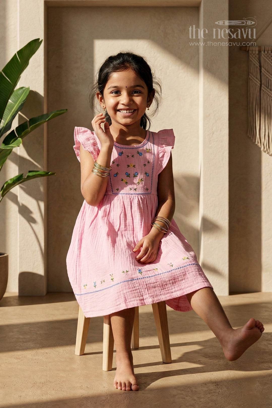 The Nesavu Girls Cotton Frock Baby Girl Frock for Summer Outings and Family Gatherings Nesavu 16 (1Y) / Yellow / Muslin Cotton GFC2140A-16 Nesavu baby girl muslin cotton frock for summer outings and casual wear with thread embroidery