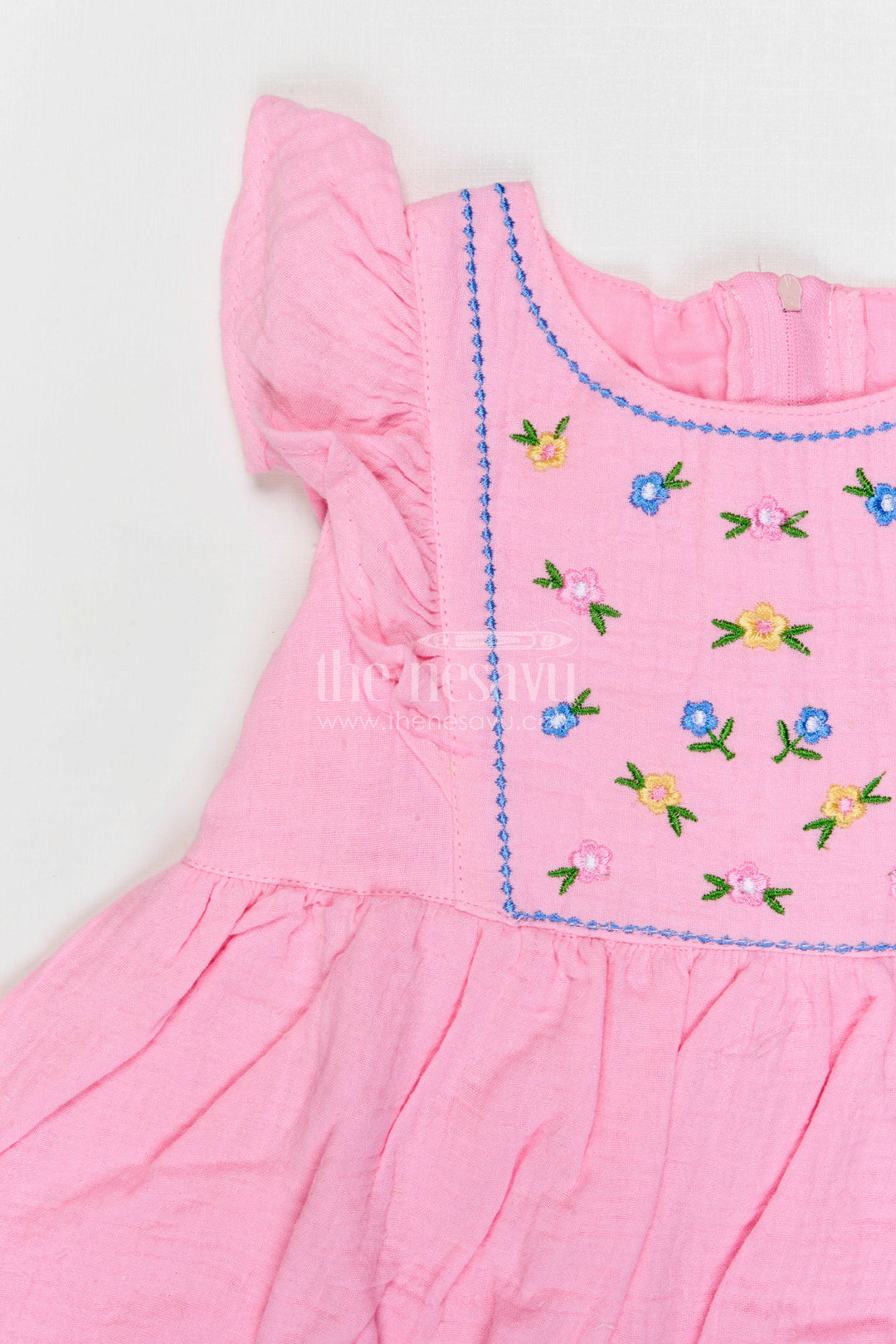 The Nesavu Girls Cotton Frock Baby Girl Frock for Summer Outings and Family Gatherings Nesavu Nesavu baby girl muslin cotton frock for summer outings and casual wear with thread embroidery