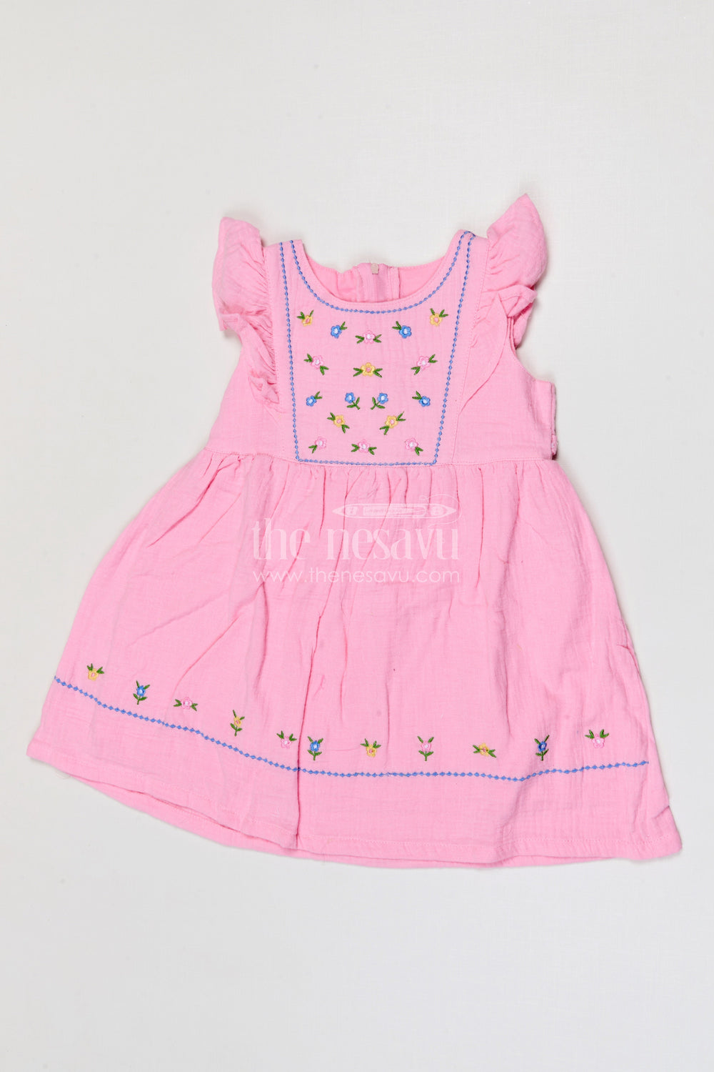 The Nesavu Girls Cotton Frock Baby Girl Frock for Summer Outings and Family Gatherings Nesavu Nesavu baby girl muslin cotton frock for summer outings and casual wear with thread embroidery