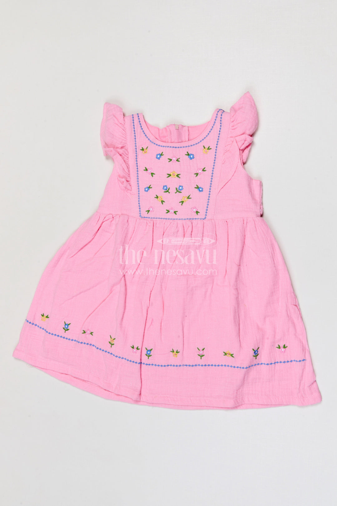 The Nesavu Girls Cotton Frock Baby Girl Frock for Summer Outings and Family Gatherings Nesavu Nesavu baby girl muslin cotton frock for summer outings and casual wear with thread embroidery