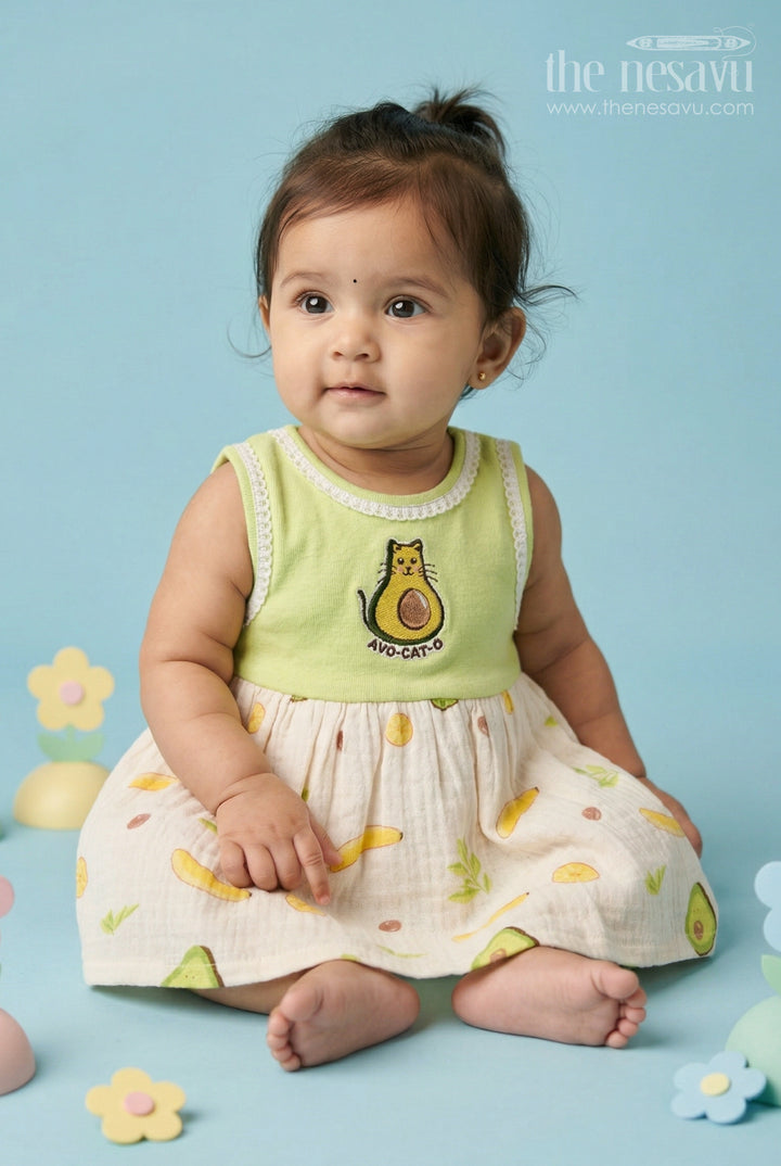 The Nesavu Baby Frocks Baby Girl Frock for Summer Outings and Playful Dates Nesavu 14 (6M) / Cream / Muslin Cotton BFJ990A-14 Nesavu Baby Girl Muslin Cotton Frock For Summer Outings And Photoshoots With Digital Print And Cute Patch Detail