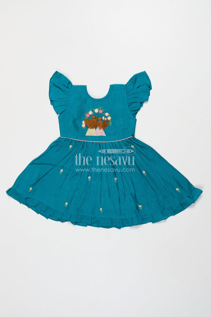 The Nesavu Girls Chanderi Frock Baby Girl Frock for Traditional Functions and Cultural Outings Nesavu 16 (1Y) / Blue GFC1995B-16 Nesavu baby girl frock in Chanderi cotton with thread embroidery for cultural celebrations