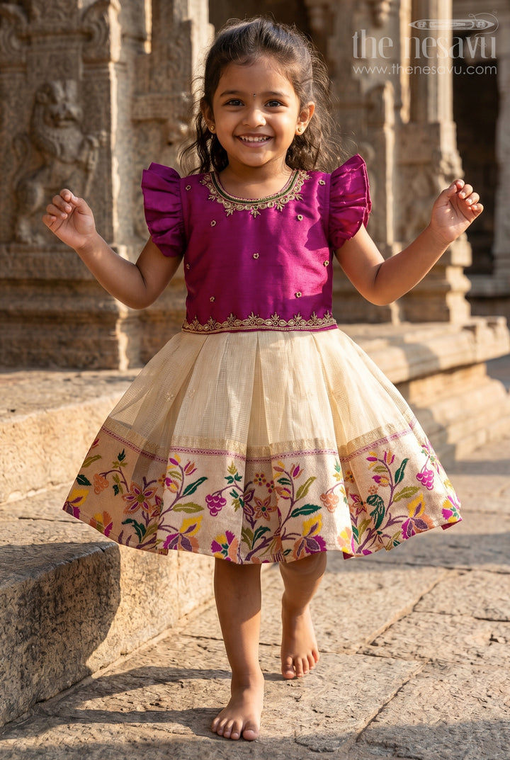 The Nesavu Silk Frock Baby Girl Frock for Traditional Functions and Family Gatherings Nesavu 16 (1Y) / Purple / Silk Blend SF1120A-16 Nesavu baby girl frock for traditional functions with zari border and puff sleeves