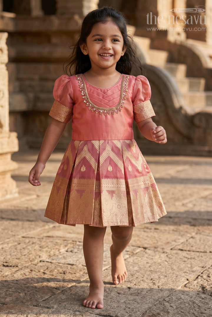 The Nesavu Silk Frock Baby Girl Frock for Weddings and Festive Celebrations Nesavu 16 (1Y) / Orange / Silk Blend SF1121A-16 Nesavu baby girl frock for weddings with zari tissue skirt and embroidered yoke
