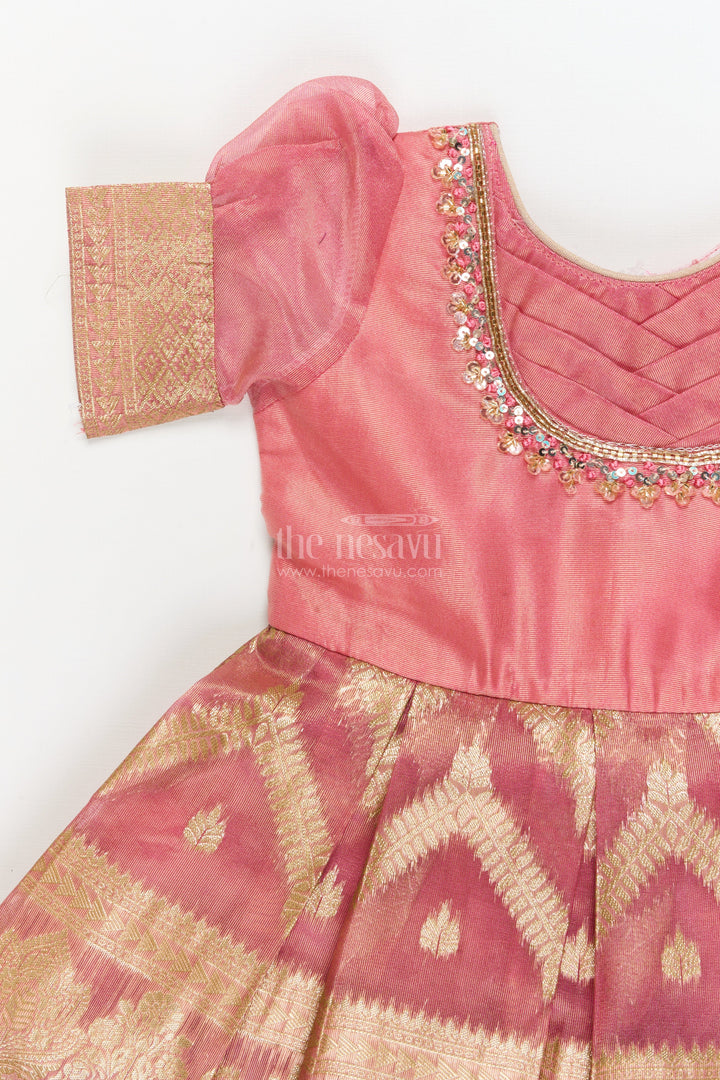 The Nesavu Silk Frock Baby Girl Frock for Weddings and Festive Celebrations Nesavu Nesavu baby girl frock for weddings with zari tissue skirt and embroidered yoke