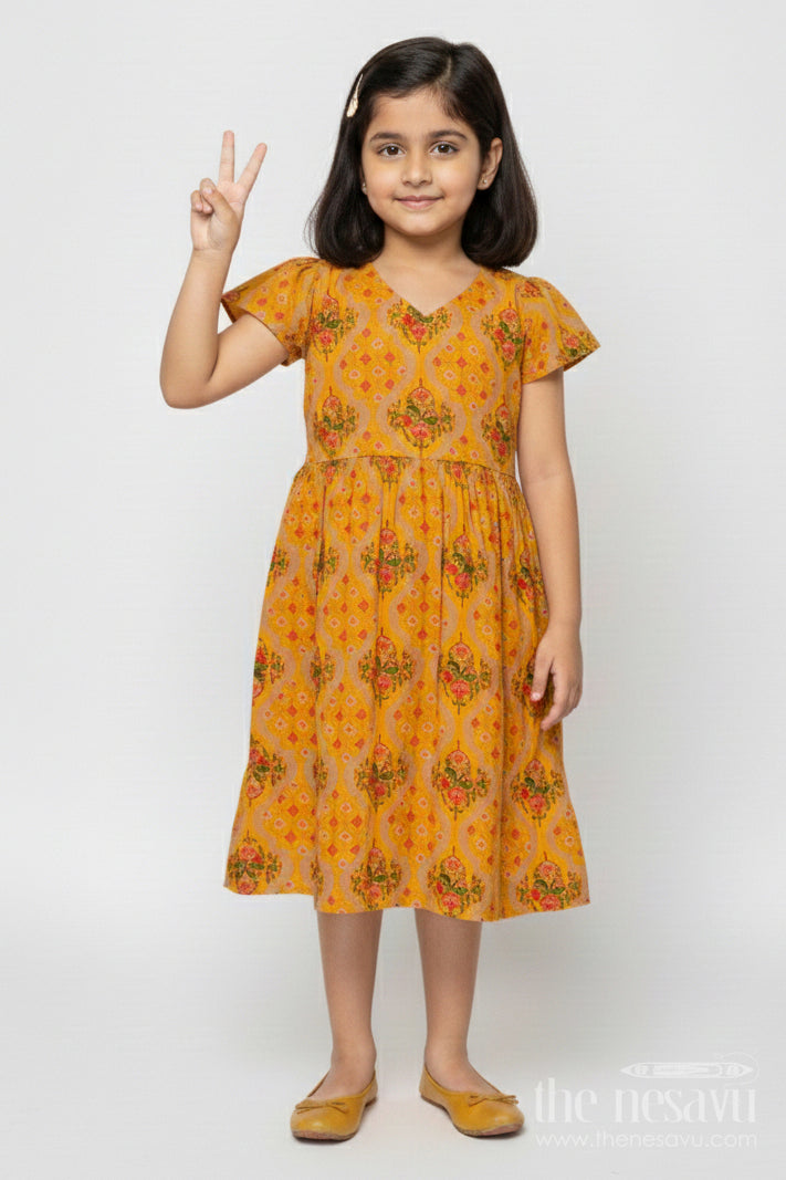 The Nesavu Girls Cotton Frock Baby Girl Frock in Modal Silk for Ethnic School Days and Casual Festivities Nesavu 18 (2Y) / Yellow GFC2028A-18 Nesavu modal silk baby girl frock with ethnic digital print for school and temple wear
