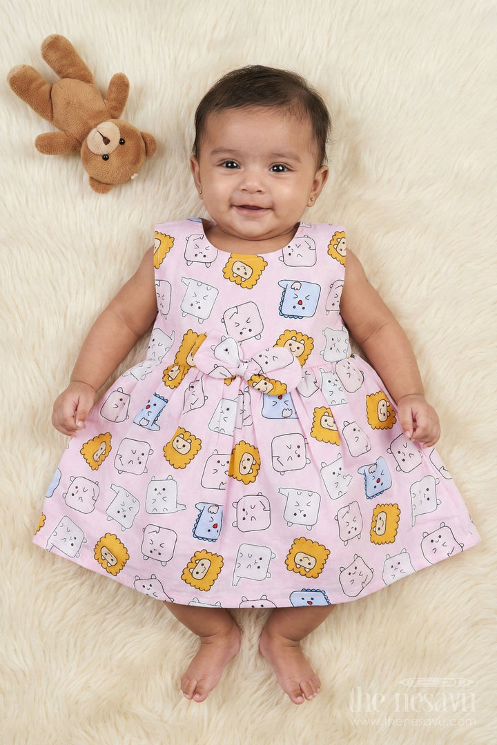 The Nesavu Baby Cotton Frocks Baby Girl Frock with Animal Digital Print for Playdates and Everyday Fun Nesavu 14 (6M) / Pink / Style 1 BFJ895A-14 Nesavu baby girl cotton frock with digital animal print and bow for playdates and daily adventures