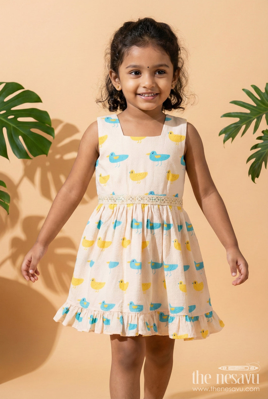 The Nesavu Girls Cotton Frock Baby Girl Frock with Bird Print for Playdates and Everyday Fun Nesavu 18 (2Y) / Yellow / Cotton GFC2075A-18 Nesavu baby girl cotton frock with bird and heart print for everyday wear and playdates