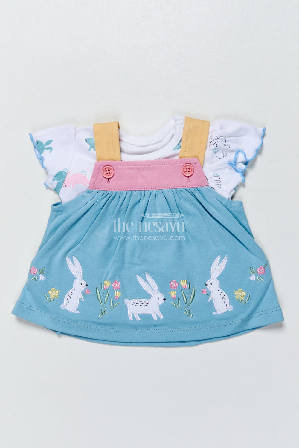 The Nesavu Baby Frocks Baby Girl Frock with Bunny Embroidery for Playdates and Casual Moments Nesavu 10 (NB) / Blue BFJ877A-10 Nesavu baby girl frock bunny embroidery printed tee  ideal playdates everyday comfort