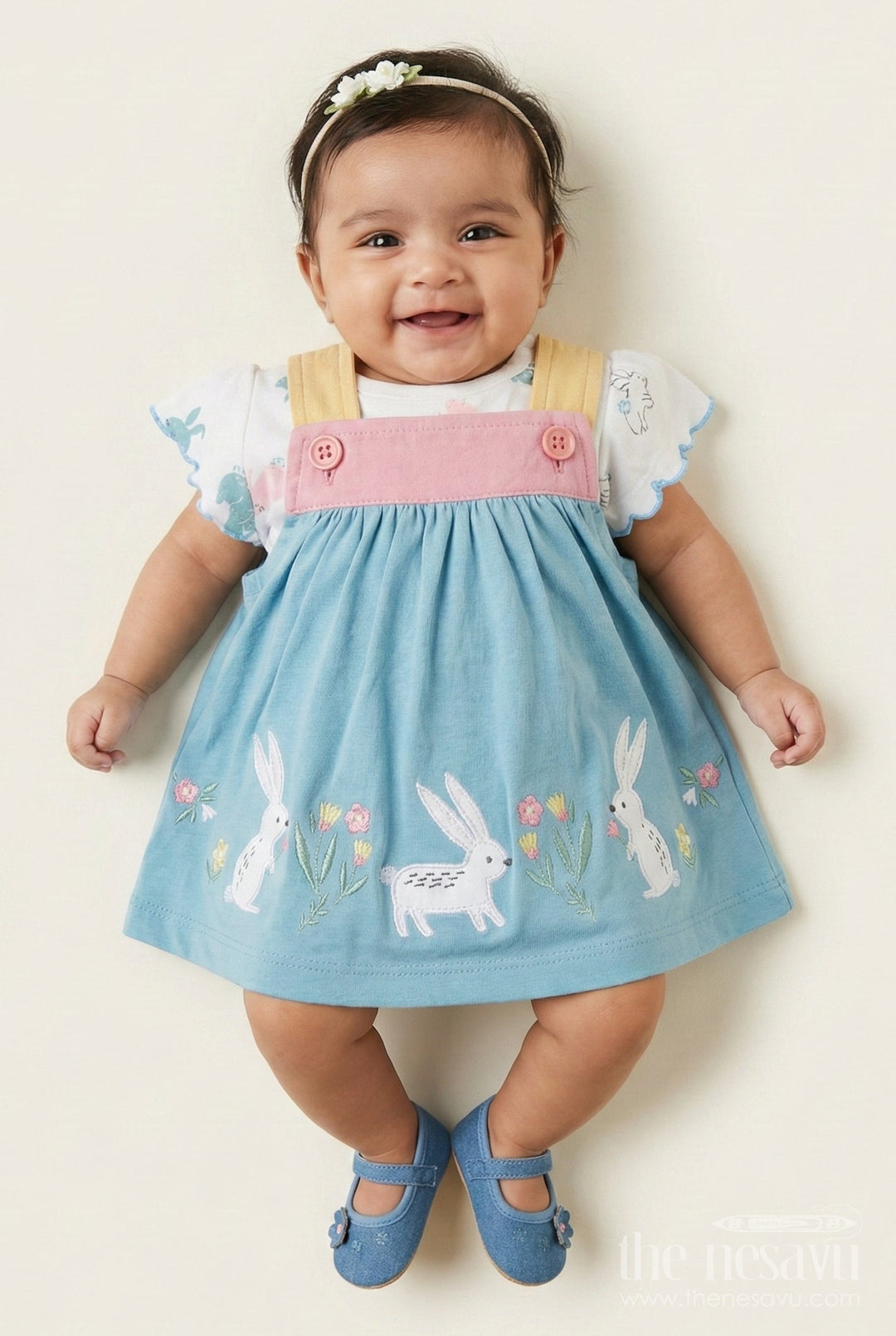 The Nesavu Baby Frocks Baby Girl Frock with Bunny Embroidery for Playdates and Casual Moments Nesavu 10 (NB) / Blue BFJ877A-10 Nesavu baby girl frock bunny embroidery printed tee  ideal playdates everyday comfort