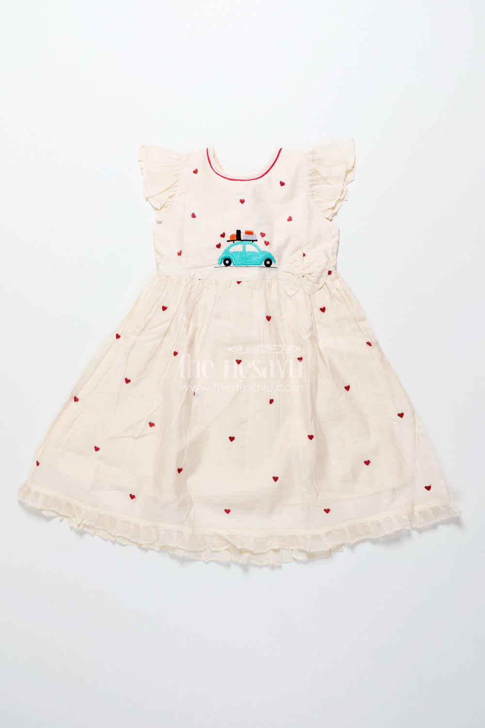 The Nesavu Girls Chanderi Frock Baby Girl Frock with Car Embroidery for Birthday and Playdates Nesavu 16 (1Y) / Cream GFC1415B-16 Nesavu baby girl chanderi frock car heart embroidery birthdays casual days