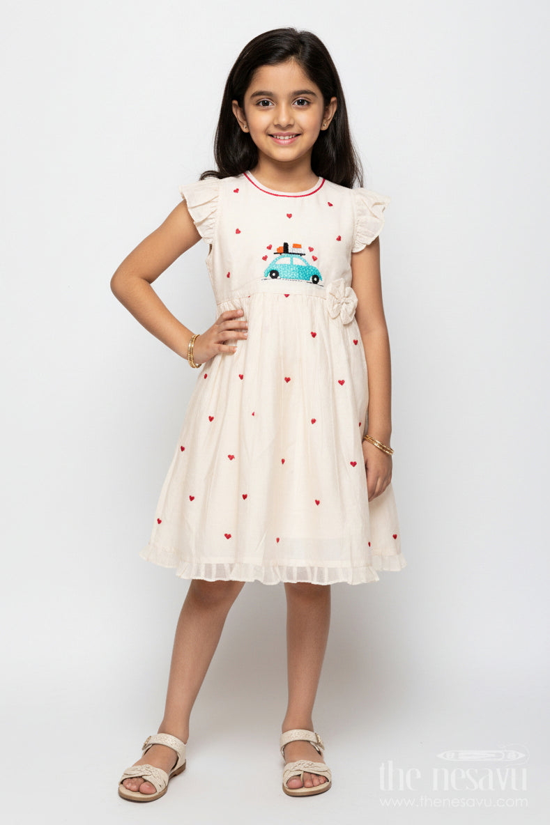 The Nesavu Girls Chanderi Frock Baby Girl Frock with Car Embroidery for Birthday and Playdates Nesavu 16 (1Y) / Cream GFC1415B-16 Nesavu baby girl chanderi frock car heart embroidery birthdays casual days