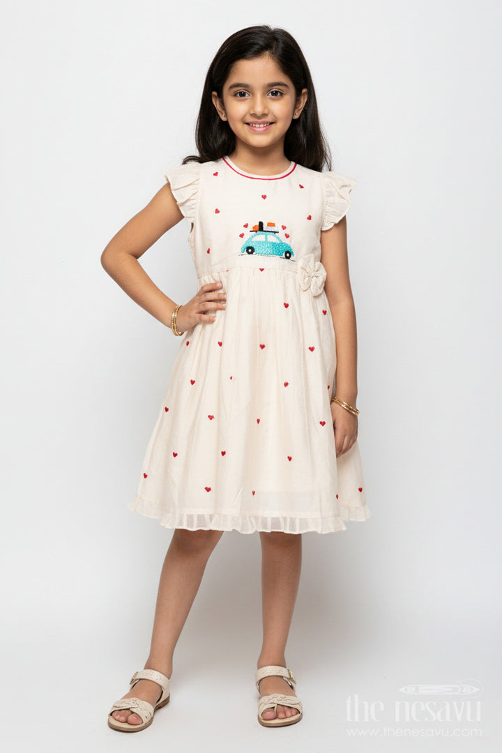 The Nesavu Girls Chanderi Frock Baby Girl Frock with Car Embroidery for Birthday and Playdates Nesavu 16 (1Y) / Cream GFC1415B-16 Nesavu baby girl chanderi frock car heart embroidery birthdays casual days