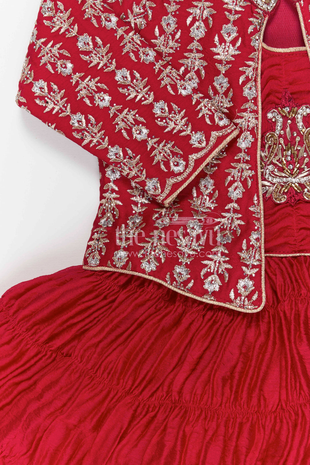 The Nesavu Silk Frock Baby Girl Frock with Designer Jacket for Birthday and Festive Photos Nesavu Nesavu baby girl birthday frock with embroidered designer jacket festive party dress for kids