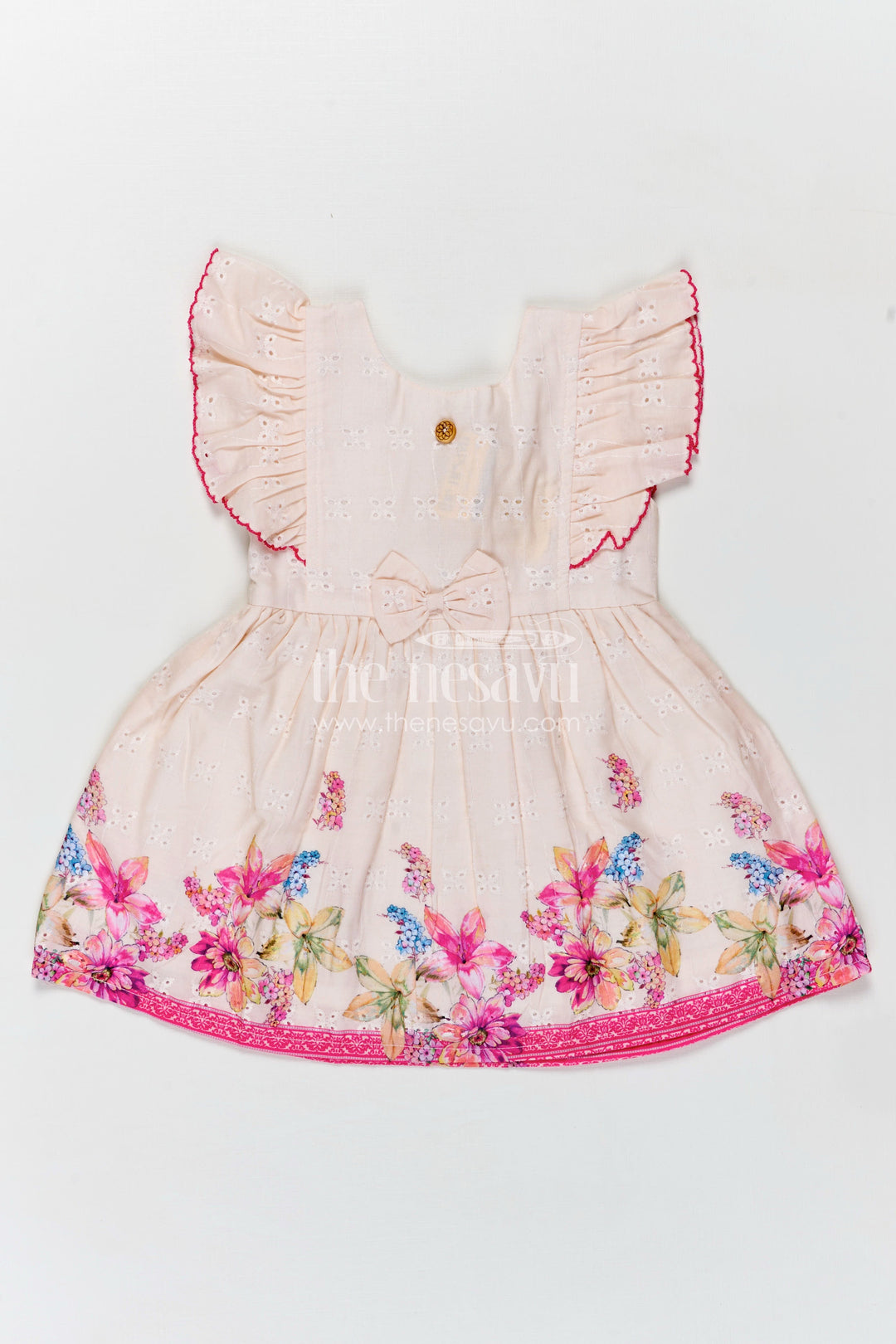 The Nesavu Baby Cotton Frocks Baby Girl Frock with Flutter Sleeves and Bow in Floral Printed Hakoba Cotton for Everyday Comfort Nesavu 14 (6M) / Pink BFJ807A-14 Nesavu Baby Girl Cotton Frock Flutter Sleeves Bow Floral Print Hakoba Fabric
