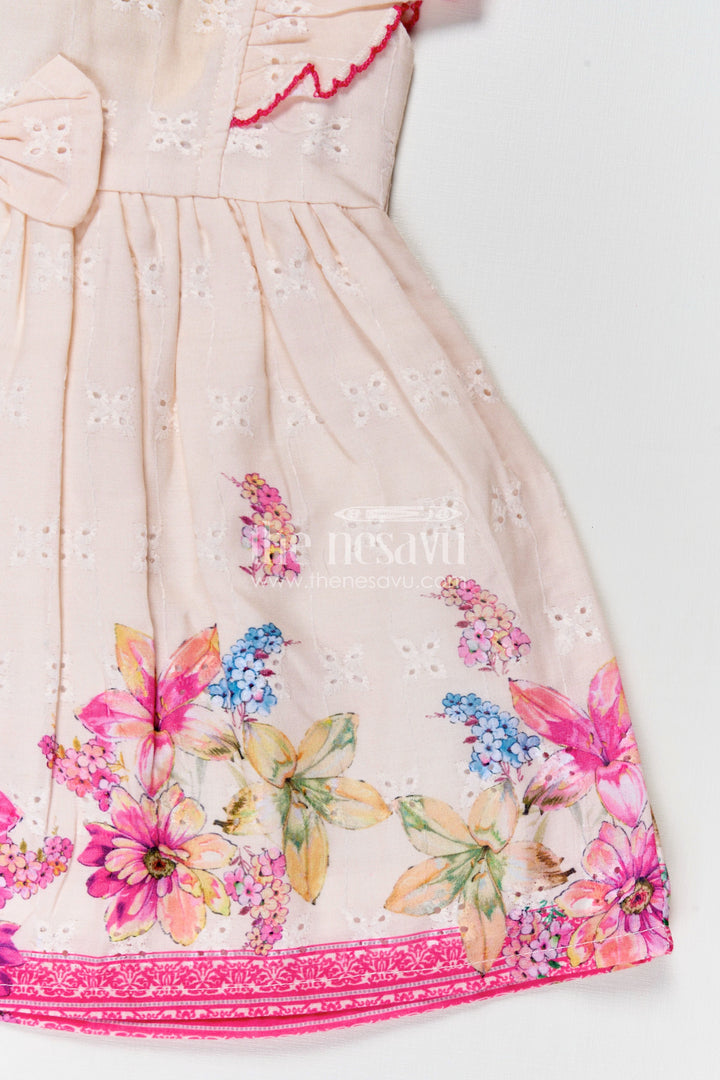 The Nesavu Baby Cotton Frocks Baby Girl Frock with Flutter Sleeves and Bow in Floral Printed Hakoba Cotton for Everyday Comfort Nesavu Nesavu Baby Girl Cotton Frock Flutter Sleeves Bow Floral Print Hakoba Fabric