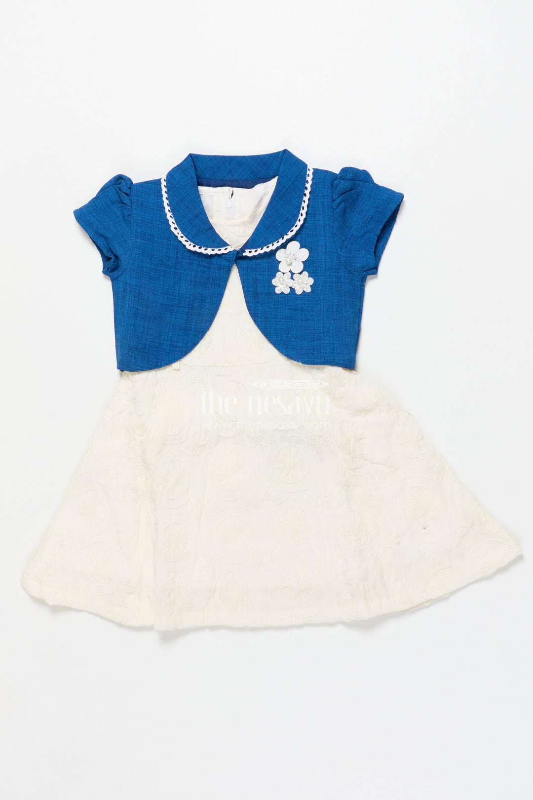 The Nesavu Girls Cotton Frock Baby Girl Frock with Jacket for Birthday and Casual Outings Nesavu 20 (3Y) / Blue GFC1832A-20 Nesavu baby girl frock floral jacket embroidery birthdays casual wear