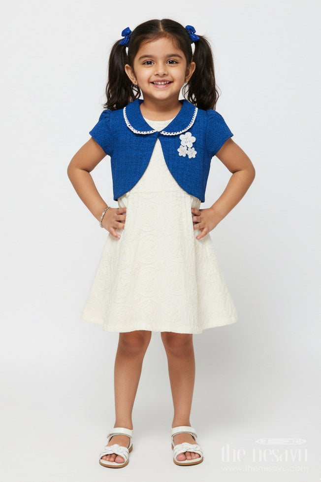 The Nesavu Girls Cotton Frock Baby Girl Frock with Jacket for Birthday and Casual Outings Nesavu 20 (3Y) / Blue GFC1832A-20 Nesavu baby girl frock floral jacket embroidery birthdays casual wear