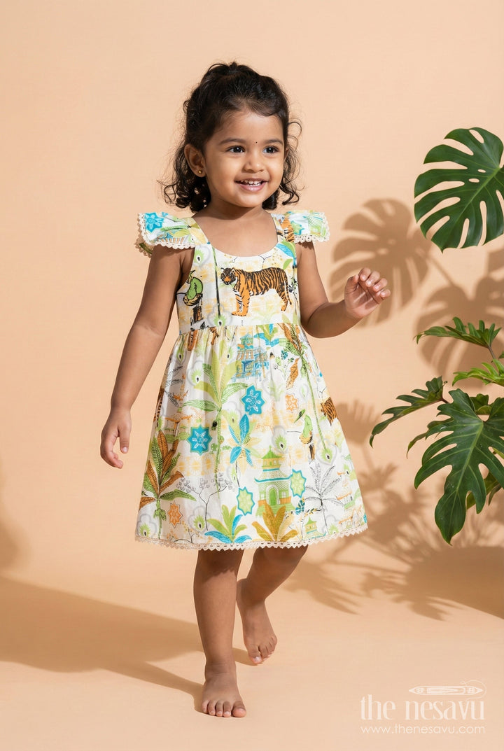 The Nesavu Girls Cotton Frock Baby Girl Frock with Nature-Inspired Print for Playful Days Nesavu 16 (1Y) / Green GFC1968A-16 Nesavu baby girl frock jungle-inspired print  playful cotton outfit casual themed wear