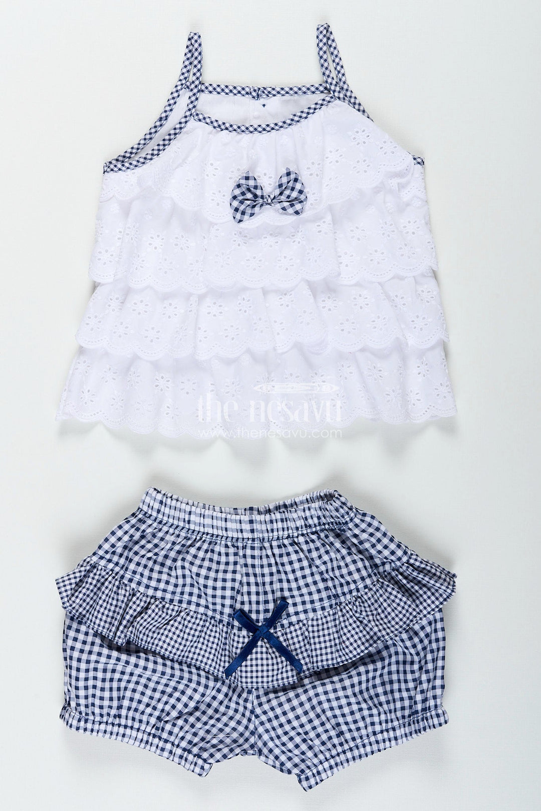 The Nesavu Baby Frocks Baby girl frock with navy gingham shorts and bow detailing Nesavu 14 (6M) / White BFJ849A-14 Nesavu white hakoba baby frock with navy checked bloomers