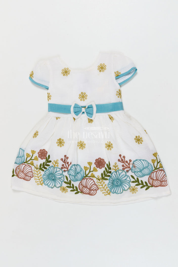 The Nesavu Girls Cotton Frock Baby Girl Frock with Thread Embroidery for Festive Daywear Nesavu 14 (6M) / White / Cotton BFJ919B-14 Nesavu baby girl cotton frock with full floral thread embroidery and comfort fit