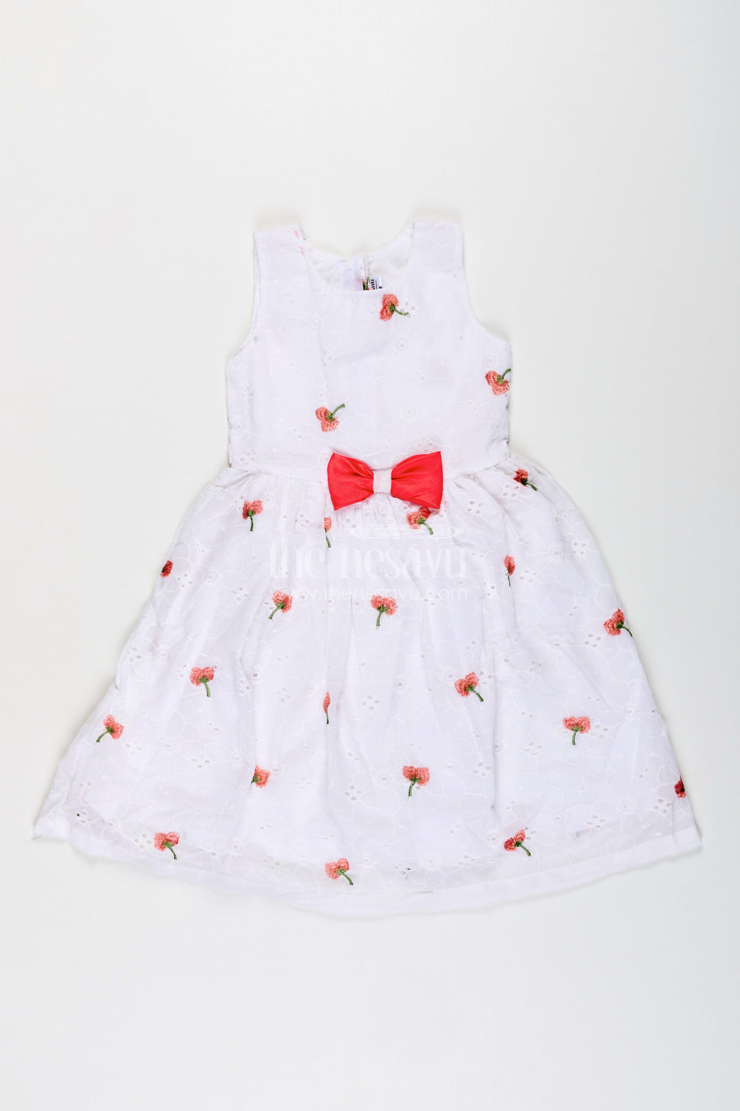 The Nesavu Girls Fancy Frock Baby Girl Georgette Frock with Cherry Embroidery and Peach Bow for Festive Occasions Nesavu 20 (3Y) / Pink GFC1930B-20 Nesavu baby girl georgette frock cherry embroidery peach waist bow birthdays