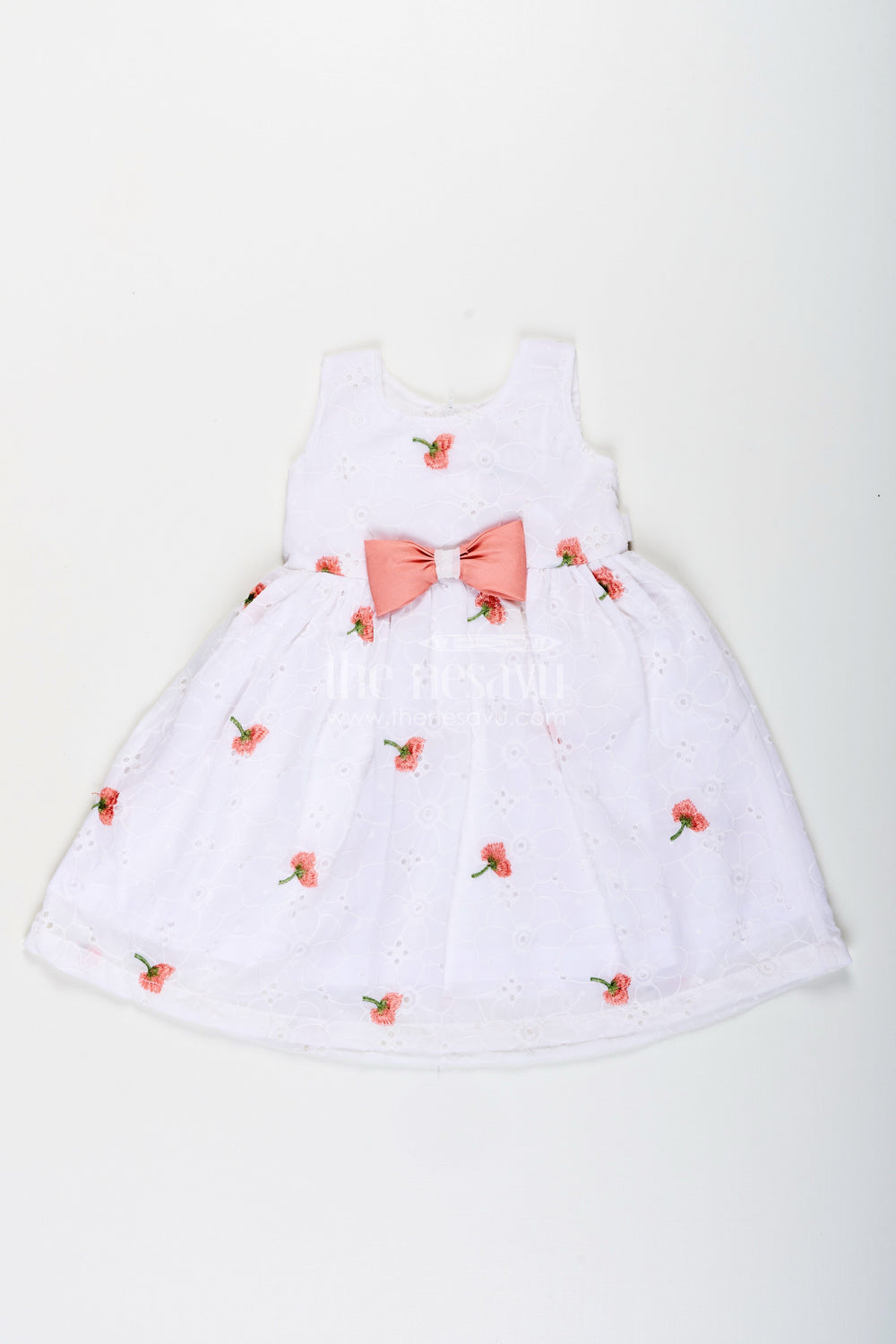 The Nesavu Girls Fancy Frock Baby Girl Georgette Frock with Cherry Embroidery and Pink Bow for Birthdays Nesavu 20 (3Y) / Peach GFC1930A-20 Nesavu baby girl georgette frock cherry embroidery waist bow parties