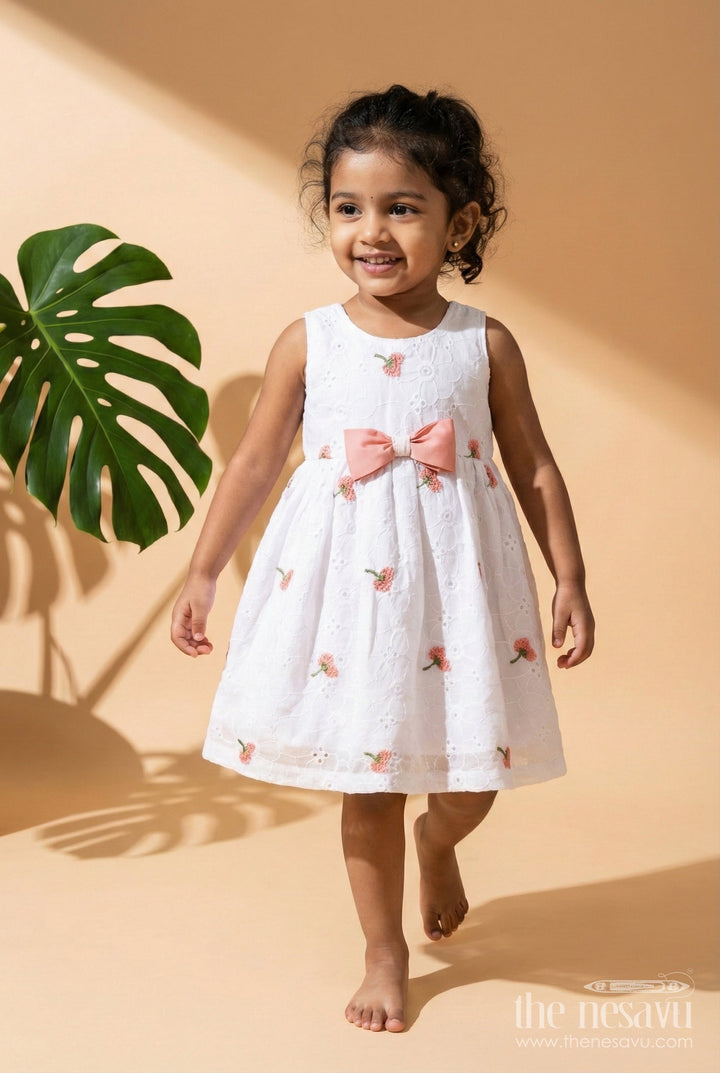 The Nesavu Girls Fancy Frock Baby Girl Georgette Frock with Cherry Embroidery and Pink Bow for Birthdays Nesavu 20 (3Y) / Peach GFC1930A-20 Nesavu baby girl georgette frock cherry embroidery waist bow parties