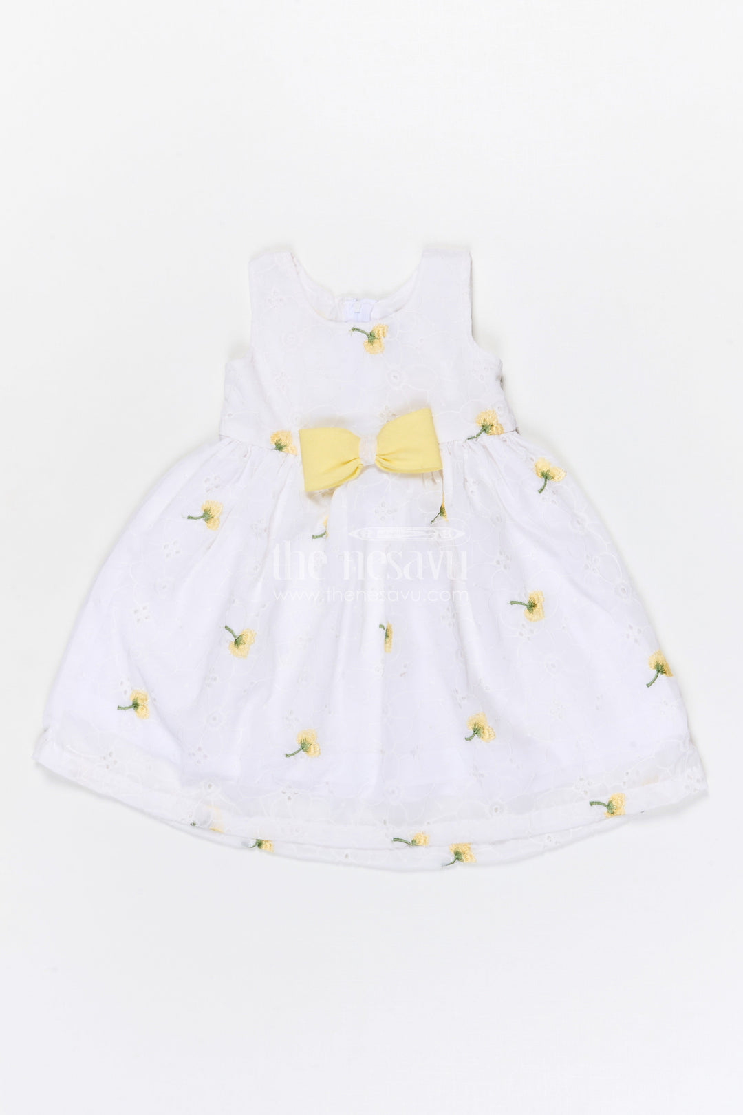 The Nesavu Girls Fancy Frock Baby Girl Georgette Frock with Cherry Embroidery and Yellow Bow for Parties Nesavu Nesavu baby girl georgette frock cherry embroidery yellow waist bow celebrations