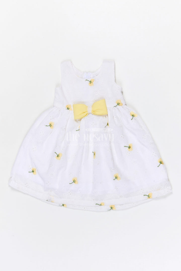 The Nesavu Girls Fancy Frock Baby Girl Georgette Frock with Cherry Embroidery and Yellow Bow for Parties Nesavu Nesavu baby girl georgette frock cherry embroidery yellow waist bow celebrations