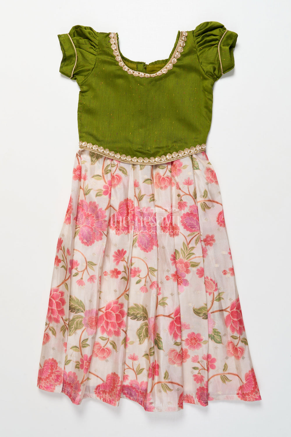 The Nesavu Pattu Pavadai Baby Girl Green Pattu Pavadai with Lace Detailing and Floral Print Skirt Nesavu 18 (2Y) / Green GPP333B-18 Nesavu baby girl pattu pavadai green floral print skirt festivals poojas