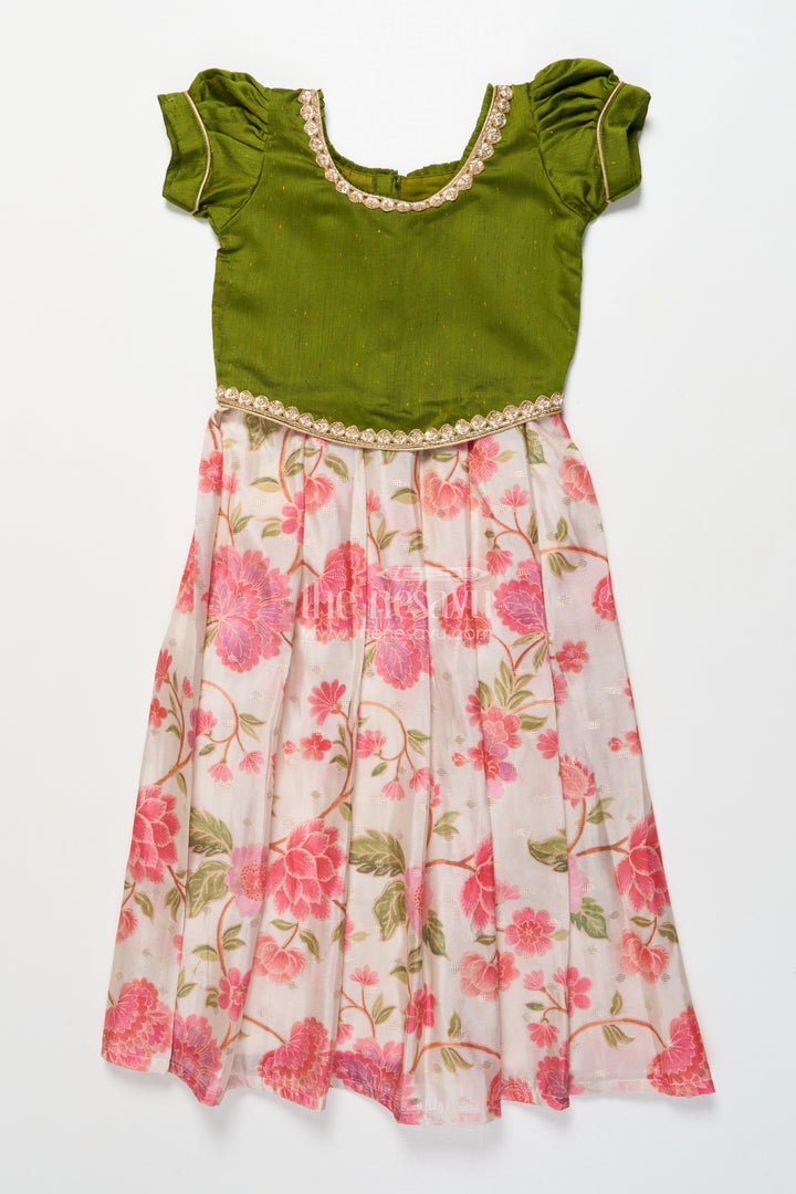 The Nesavu Pattu Pavadai Baby Girl Green Pattu Pavadai with Lace Detailing and Floral Print Skirt Nesavu 18 (2Y) / Green GPP333B-18 Nesavu baby girl pattu pavadai green floral print skirt festivals poojas