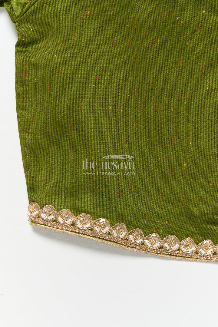 The Nesavu Pattu Pavadai Baby Girl Green Pattu Pavadai with Lace Detailing and Floral Print Skirt Nesavu Nesavu baby girl pattu pavadai green floral print skirt festivals poojas