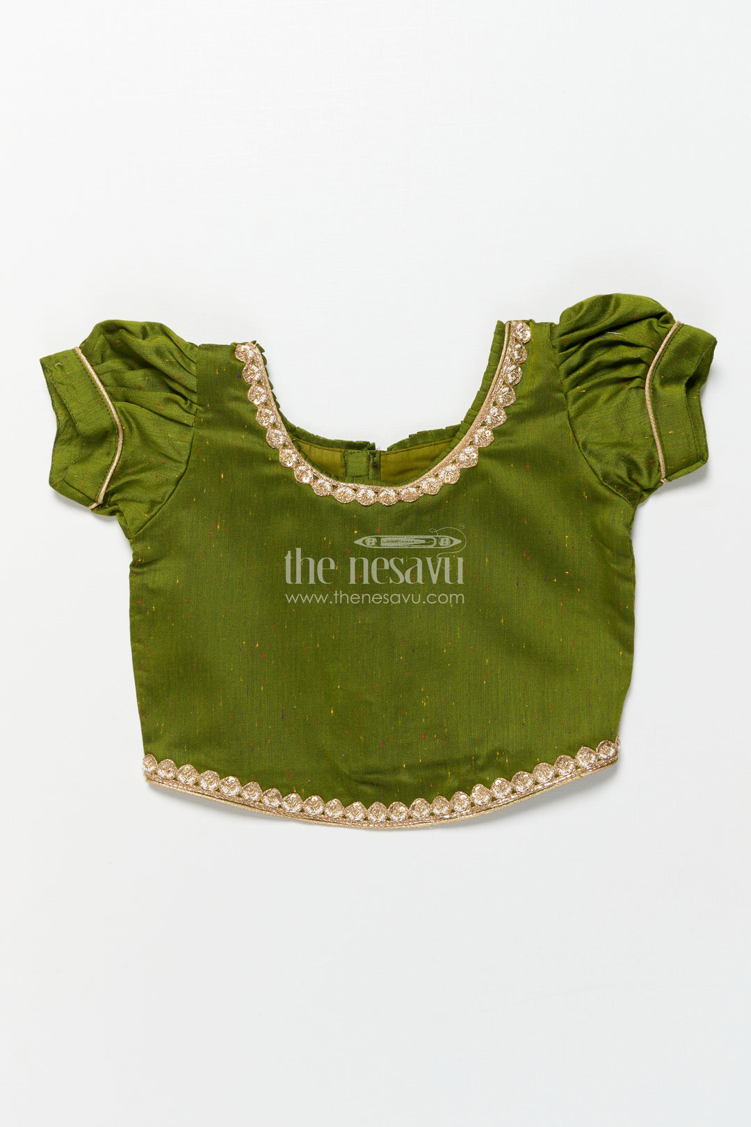 The Nesavu Pattu Pavadai Baby Girl Green Pattu Pavadai with Lace Detailing and Floral Print Skirt Nesavu Nesavu baby girl pattu pavadai green floral print skirt festivals poojas