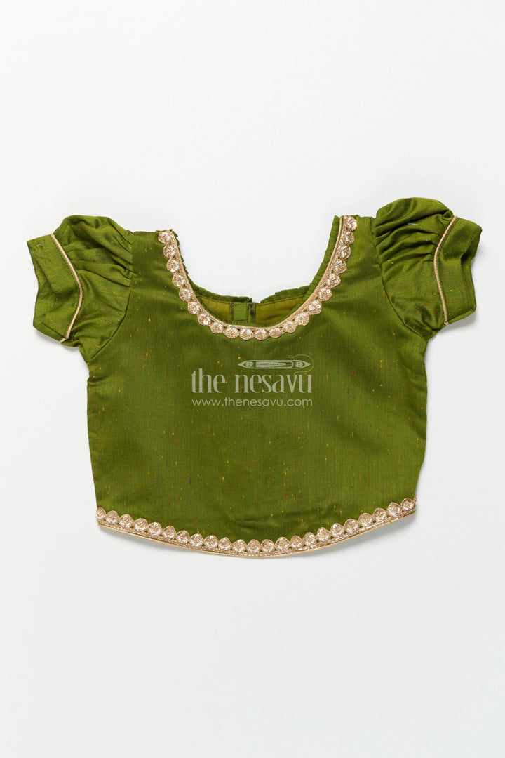 The Nesavu Pattu Pavadai Baby Girl Green Pattu Pavadai with Lace Detailing and Floral Print Skirt Nesavu Nesavu baby girl pattu pavadai green floral print skirt festivals poojas