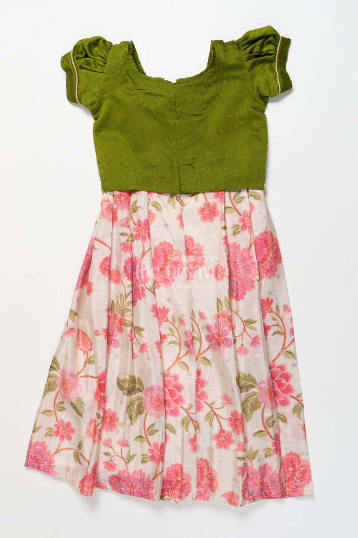The Nesavu Pattu Pavadai Baby Girl Green Pattu Pavadai with Lace Detailing and Floral Print Skirt Nesavu Nesavu baby girl pattu pavadai green floral print skirt festivals poojas