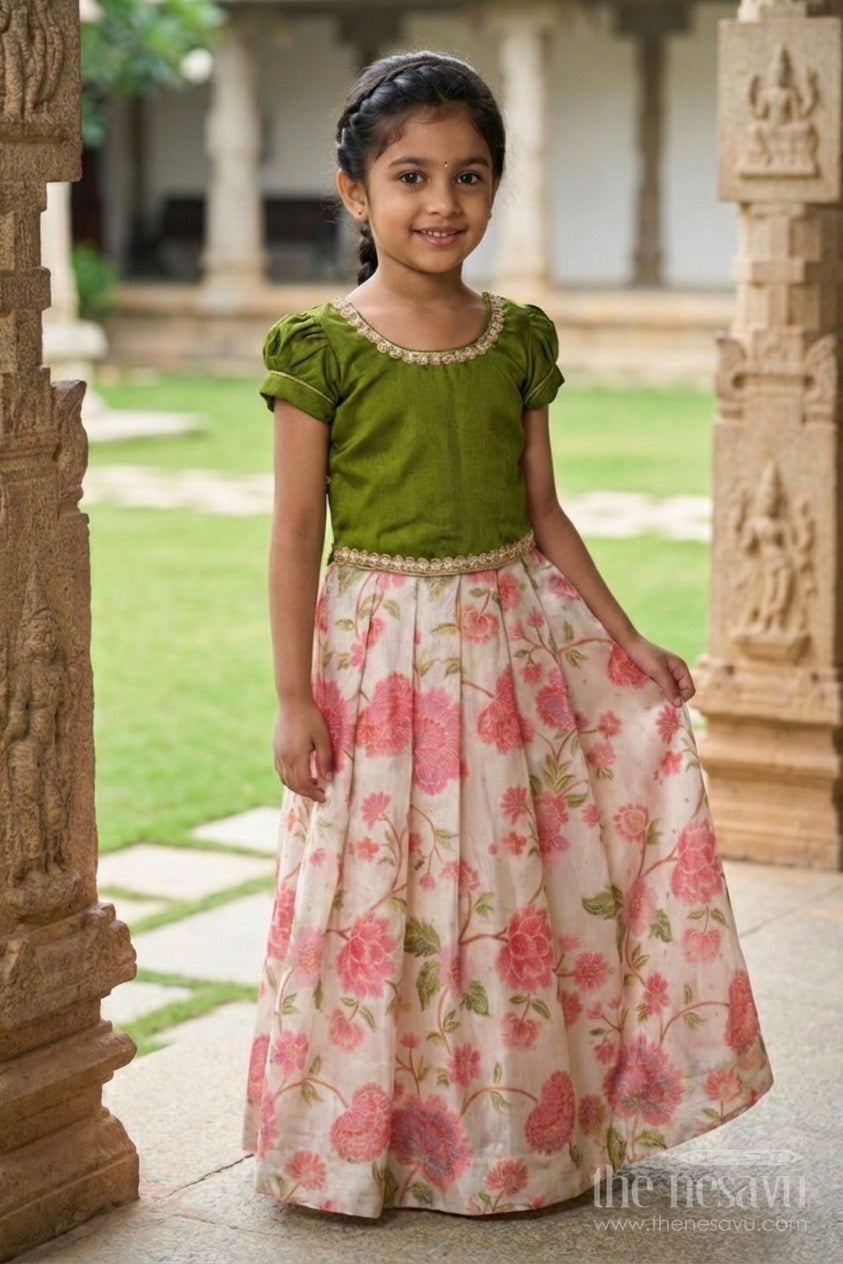 The Nesavu Pattu Pavadai Baby Girl Green Pattu Pavadai with Lace Detailing and Floral Print Skirt Nesavu Nesavu baby girl pattu pavadai green floral print skirt festivals poojas
